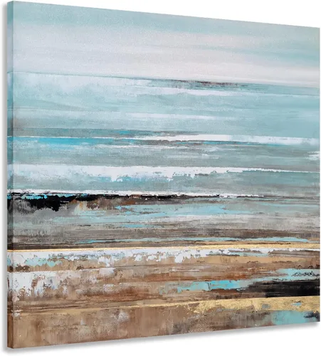 Yihui Arts Lienzo abstracto de océano para pared, pinturas de aves de mar con textura y lámina dorada, obra de arte cuadrada moderna para decoración