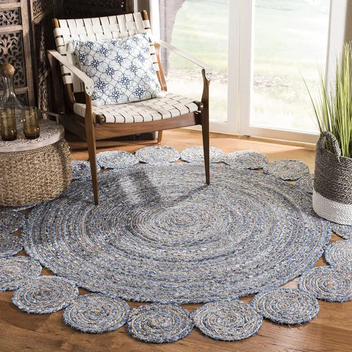 SAFAVIEH Cape Cod Collection CAP211L - Alfombra redonda de 3 pies, redonda, color azul y natural, hecha a mano, estilo bohemio, trenzada de yute y