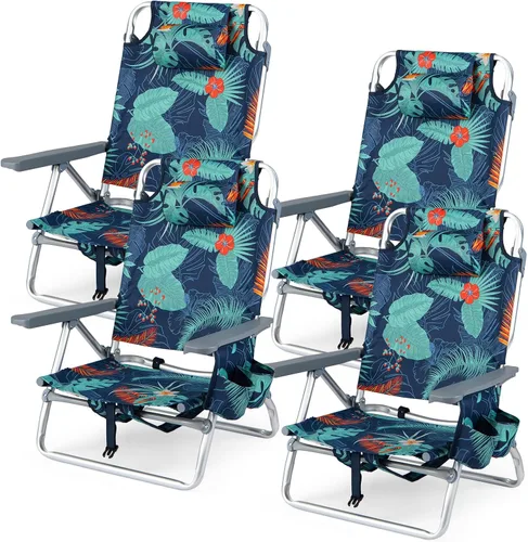 Miniatura 20 de Goplus Silla de playa, mochila plegable para adultos, sillas de playa con posiciones ajustables, almohada para la cabeza, bolsa refrigeradora