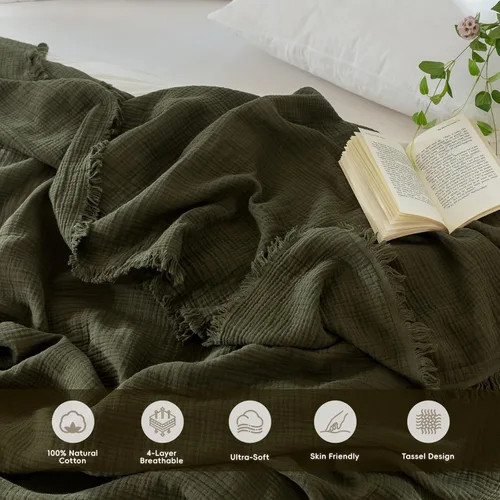 Miniatura 2 de MooMee - Manta de muselina 100% algodón, manta de 4 capas de gasa con borlas, ultra suave, transpirable, ligera y refrescante para cama y sofá Verde
