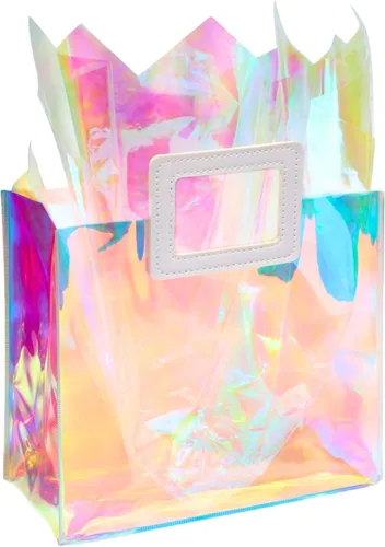 Bolsa de regalo holográfica mediana con papel de seda, reutilizable, bolsa de regalo de cumpleaños para mujeres y niñas, iridiscente, despedida de M