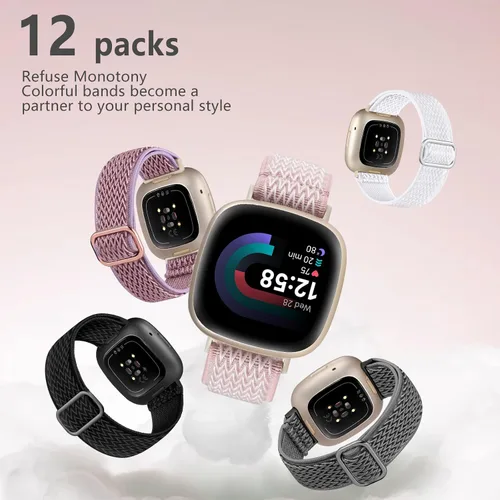 Miniatura 5 de GEAK Paquete de 12 bandas elásticas de nylon compatibles con Fitbit Versa 3/Fitbit Versa 4/Fitbit Sense/Sense 2 para mujeres y hombres, correa
