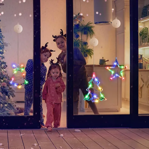 Miniatura 8 de LYUBASA Paquete de 3 luces de Navidad para ventana con temporizador, alimentadas por baterías, lechón LED multicolor para árbol de Navidad