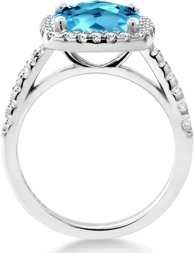 Miniatura 4 de Gem Stone King Anillo de compromiso de plata de ley 925 con topacio azul suizo y zafiro blanco creado para mujer