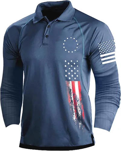 Miniatura 20 de Camisa polo de manga larga con bandera estadounidense para hombre, cuello gráfico patriótico, camiseta de golf, moderna, casual, cuello en V, tops