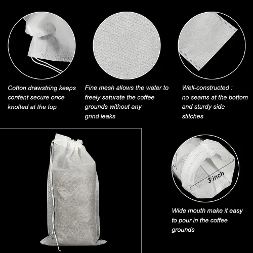 Miniatura 3 de 50 bolsas de infusión fría que no ensucian, bolsas de filtro de café desechables de 6 x 10 pulgadas, bolsas de malla fina con cordón para café