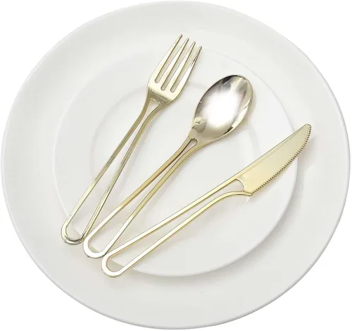 Miniatura 8 de Efavormart - Juego de utensilios de plástico con diseño moderno de mango hueco dorado de 7 pulgadas, tenedores, cucharas y cuchillos desechables, Oro