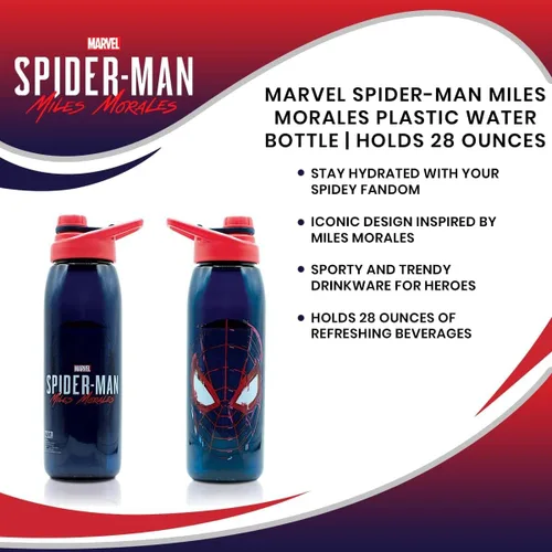 Miniatura 6 de Spider-Man Marvel Miles Morales - Botella de agua deportiva de 28 onzas, jarra de agua de plástico sin BPA con tapa superior de rosca a prueba