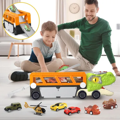 Miniatura 4 de SpringFlower Juguetes de dinosaurio 11 en 1, juguetes de dinosaurio para niños de 3 a 5 años, camión de dinosaurios con 10 autos de tracción hacia