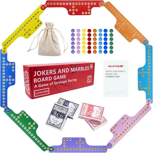 MUCITAGF Juego de Canicas y Jokers de Mesa con Clavos y Cartas Jokers para 2-8 Jugadores, Coloridos Tableros de Juego de Madera Maciza Pintados por