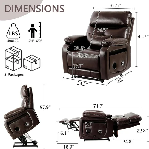 Miniatura 2 de Sillón reclinable eléctrico de doble motor para adultos y personas mayores, silla elevadora de posición infinita con calor y masajes, portavasos