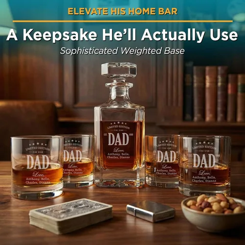 Miniatura 6 de Juego de decantador de whisky personalizado con vasos para papá, juegos de decantadores de bourbon personalizados, 4 diseños, vasos de whisky