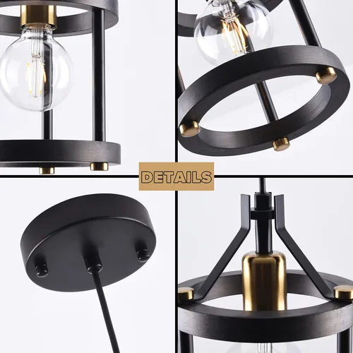 Miniatura 8 de MO&OK Juego de lámparas de araña de 3 luces vintage, lámparas colgantes de metal y madera estilo granja en negro, iluminación colgante de estructura
