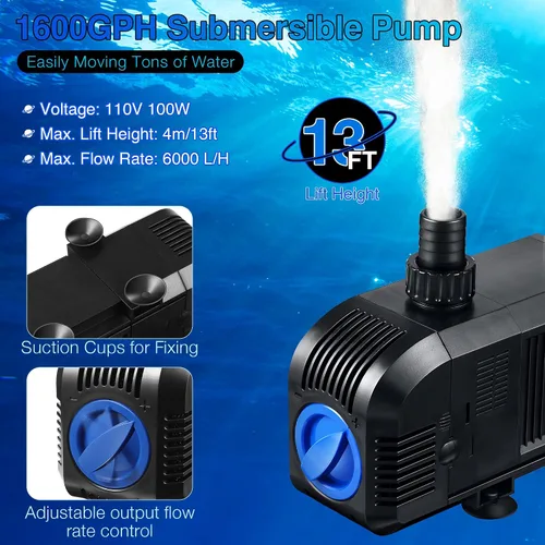 Miniatura 3 de Bomba de agua sumergible de 1600 GPH, bomba de fuente de agua eléctrica de 100 W, kit de bomba de estanque para jardín, piscina, peces, acuario