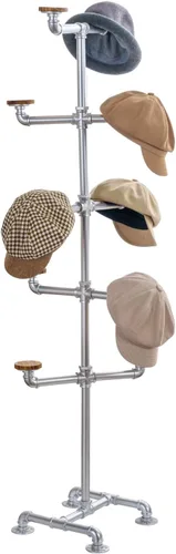 Miniatura 9 de MyGift Estante industrial de metal marrón oscuro con 10 perchas redondas de madera quemada rústica para sombreros, soporte decorativo con ganchos