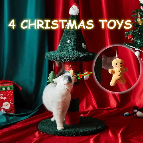 Miniatura 4 de Poste rascador para gatos con 4 juguetes de peluche colgantes, alternativa al árbol de Navidad, dale a tu gato un juguete y rascador en uno con este