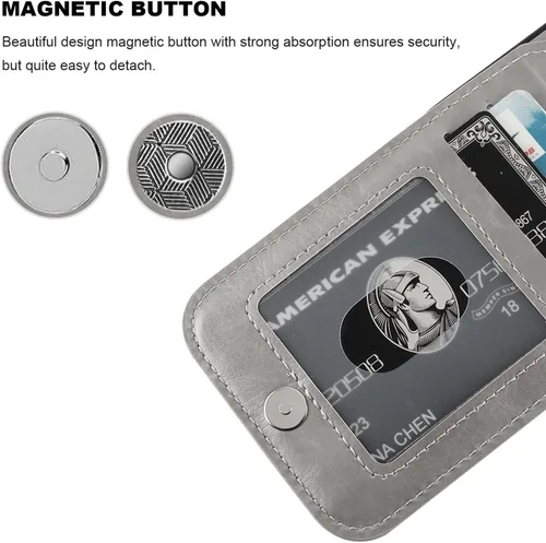 Miniatura 7 de KIHUWEY Funda compatible con iPhone 15 con soporte para tarjeta de crédito, cierre magnético de cuero de alta calidad, función atril, funda Gris
