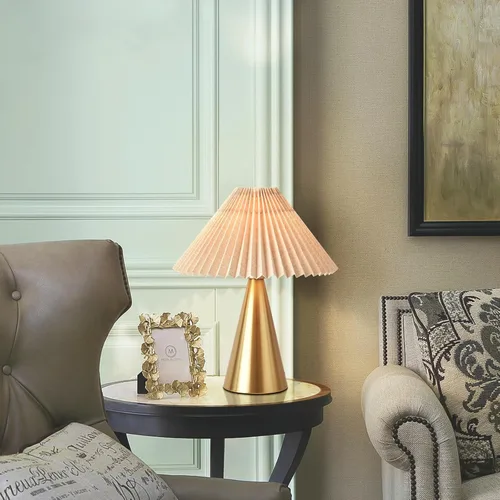 Miniatura 7 de Ziqqeelam Lámpara de Mesa Pequeña Dorada, Lámpara de Mesa Linda, Lámpara de Mesa Plisada, Lámparas de Dormitorio de Latón Dorado para Mesita