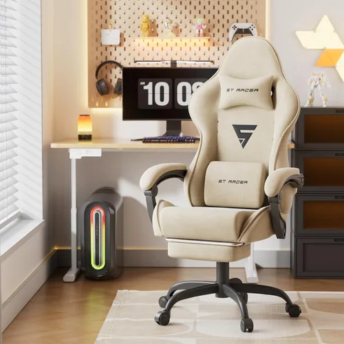 Miniatura 2 de Ferghana Silla ergonómica de tela de terciopelo para videojuegos con reposapiés y masaje, respaldo alto, silla reclinable para computadora