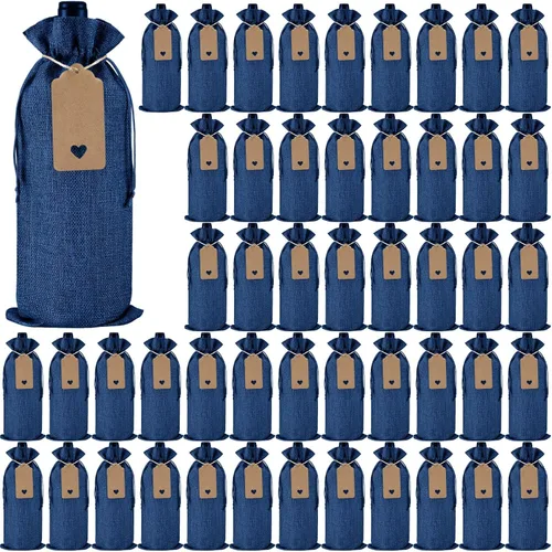 Windyun 50 bolsas de arpillera para vino, bolsa de regalo a granel con cordones, bolsas reutilizables para botellas de vino con etiquetas de regalo