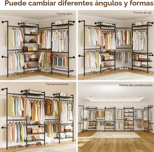 Miniatura 5 de ONBRILL L4 - Perchero industrial de tubería para montar en la pared, sistema organizador de armario con 6 barras de ropa colgantes