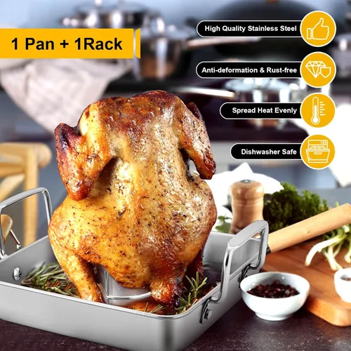 Miniatura 4 de P&P CHEF Soporte para latas de cerveza con sartén para asar, juego de sartén cuadrada de acero inoxidable de 9 pulgadas y parrilla para pollo