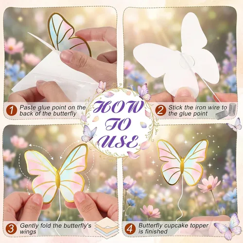 Miniatura 4 de Outus 120 piezas de mariposas 3D para decoración de pasteles, decoración de pasteles, morado, rosa, dorado, para mujeres, cumpleaños, boda, fiesta