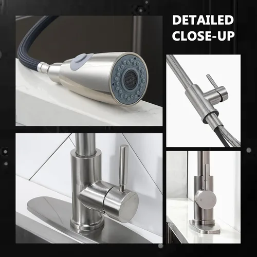 Miniatura 6 de Comllen Grifo de cocina con rociador extraíble, grifos de cocina de acero inoxidable de níquel cepillado, grifo comercial de arco alto de una sola