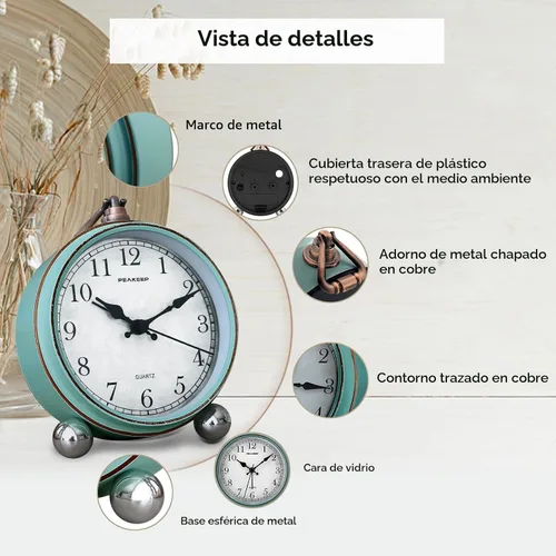 Miniatura 3 de Peakeep 4" Pequeño Reloj Despertado Retro Analógico a Batería para Decoración de Habitación, Reloj de Noche Silencioso Elegante para Escritorio