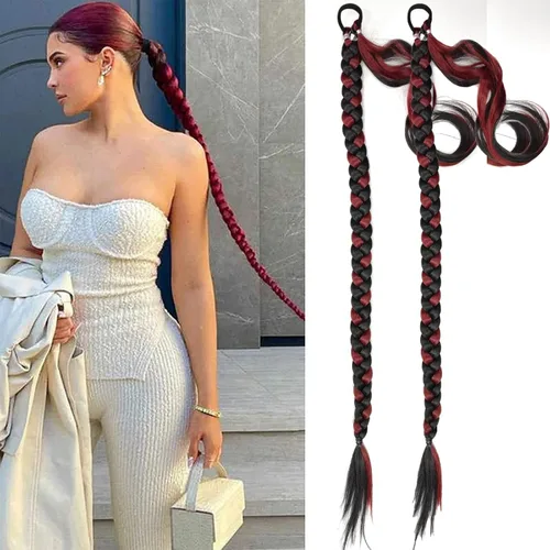 Miniatura 19 de 2 paquetes de 16 pulgadas de extensión de cola de caballo trenzada larga negra para mujeres negras con banda elástica, trenzado recto, extensiones