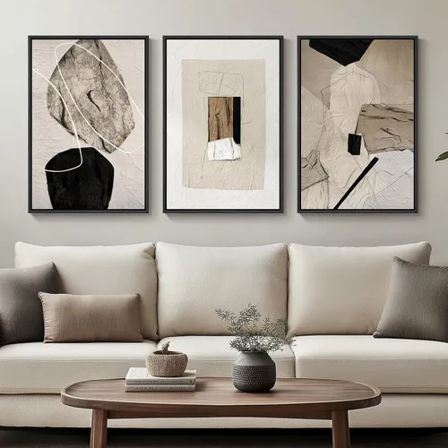Miniatura 31 de Arte de pared abstracto neutro con marco grande para sala de estar, 3 piezas, impresiones modernas en lienzo para paredes, cuadros negros y beige