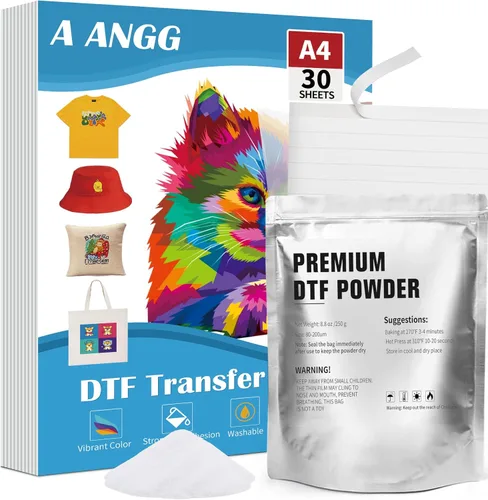 A ANGG Kit de película y polvo de transferencia DTF para impresora DTF y sublimación, 30 hojas A4 película DTF brillante de un lado, polvo DTF de