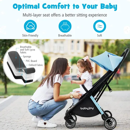Miniatura 8 de BABY JOY Cochecito de bebé ligero, cochecito de viaje compacto para avión, cochecito para bebés y niños pequeños con respaldo y toldo ajustables