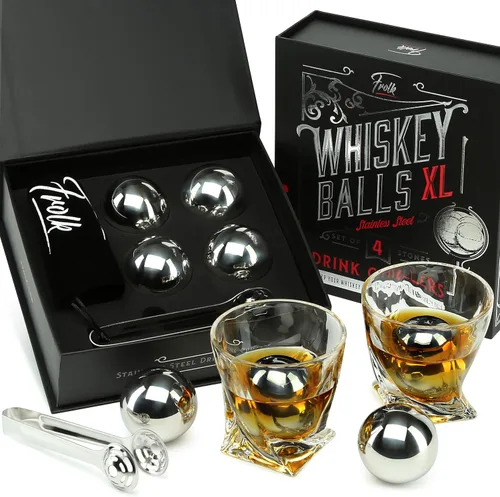 Regalos para él – Hombres Papá Marido – 4 bolas de hielo de whisky de acero inoxidable XL, pinzas especiales y bolsa de congelador en caja de regalo