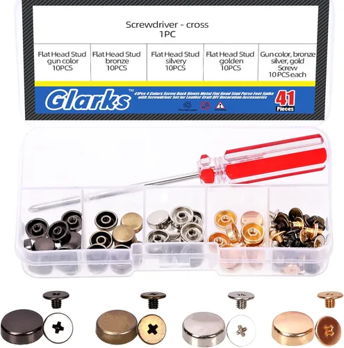 Glarks 41 remaches traseros de tornillo con juego de destornilladores, 4 colores de metal de cabeza plana, pies de bolso, pies de mano, cabeza de