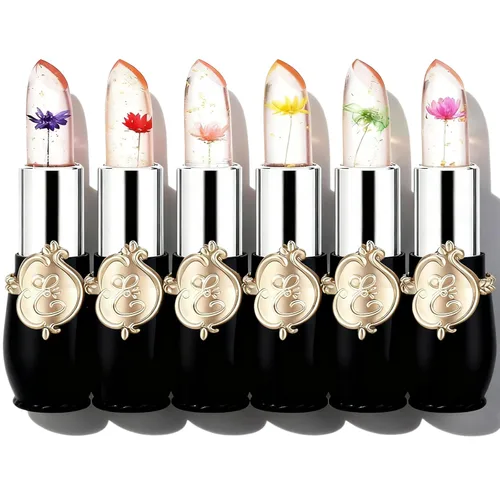 Paquete de 6 lápices labiales de gelatina de flores de cristal, bálsamo labial nutritivo de larga duración, hidratante mágico que cambia de color,