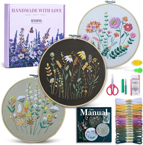 Miniatura 13 de ETSPIL Kit de bordado para principiantes para adolescentes y adultos - Paquete de 3, 19 puntadas, patrones pre-estampados, imán para agujas, aro
