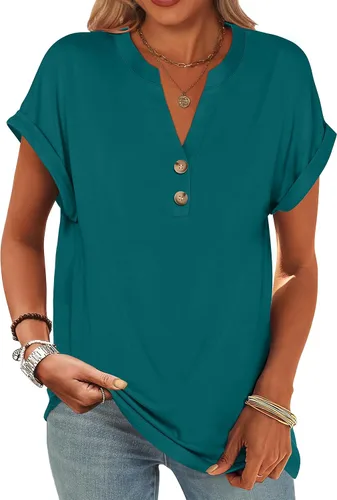 Miniatura 25 de ANRABESS - Camisetas Henley de manga corta para mujer, cuello en V, elegantes, estilo informal, de corte suelto; blusas fluidas de verano, ropa