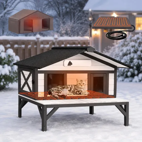 GUTINNEEN Casa climatizada para gatos para exteriores, casa para gatos al aire libre aislada con manta de calefacción eléctrica, cables resistentes