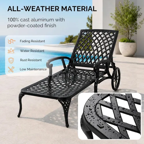 Miniatura 6 de VINGLI Tumbona de aluminio fundido para exteriores con ruedas, tumbona de patio con respaldo ajustable de 3 posiciones, silla reclinable