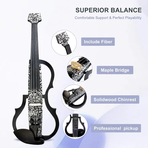 Miniatura 5 de Violín eléctrico de fibra de carbono premium tamaño completo 4/4, violín eléctrico silencioso profesional para adultos y adolescentes, violín