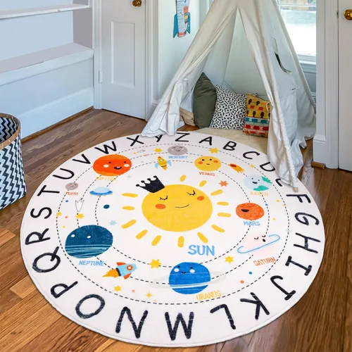 Miniatura 9 de ABC Space - Alfombra para niños, 3 pies 3 pulgadas x 4 pies 11 pulgadas, antideslizante, alfabeto, alfombra lavable, alfombra de felpa suave