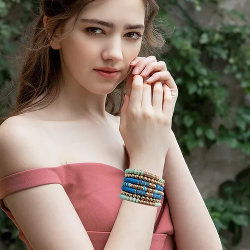 Miniatura 6 de Pulseras de cuentas de arcilla estilo heishi surfista para mujer, con discos de vinilo y dije de mal de ojo, apilables, pulseras elásticas