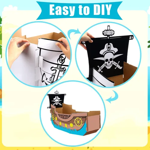 Miniatura 3 de Eaasty Colorear barco pirata de cartón, barco de cartón, casa de juegos para niños, manualidades, bricolaje, niños grandes, casa de juegos al aire