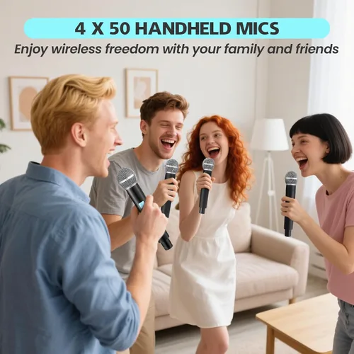 Miniatura 6 de Sistema de micrófono inalámbrico, micrófonos de mano inalámbricos de 4 x 50 canales, rango UHF de 200 pies, micrófonos con transmisión de señal