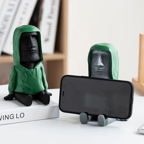 Miniatura 6 de Decoración de estatua Moai de Isla de Pascua con soporte para teléfono inteligente, escultura de figura retro para oficina en casa con soporte