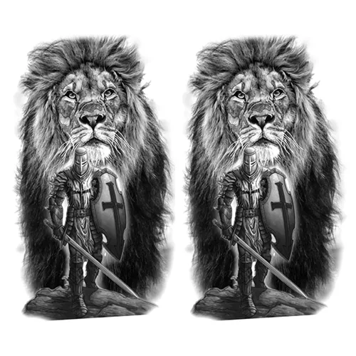 Miniatura 11 de 2 hojas de tatuajes temporales de león, cruz de Jesús, para hombres y mujeres, religiosas, calcomanías falsas de tatuaje, realista, blanco y negro
