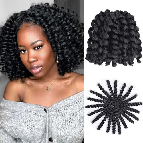 Cabello rizado tipo varita, cabello de ganchillo jamaicano de 8 pulgadas para mujer, 5 paquetes de cabello rizado negro #1B, 2.82 oz/pieza,