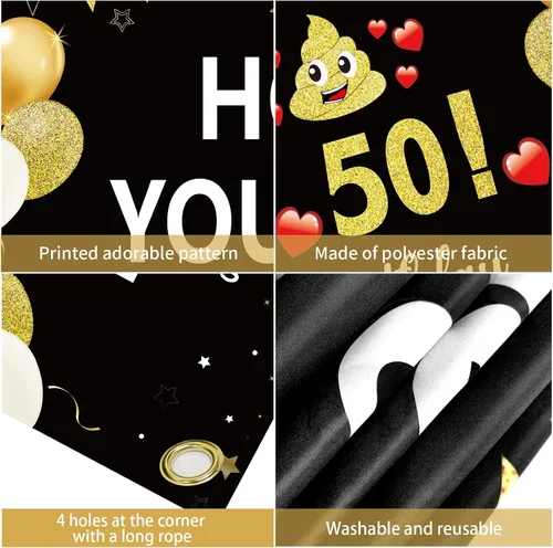 Miniatura 6 de Divertida pancarta de cumpleaños 50 para hombres y mujeres, pancarta de feliz cumpleaños de 50 años color negro y dorado para fiestas, fondo