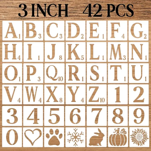 Plantillas de letras de 3 pulgadas, plantillas de manualidades, 42 plantillas de dibujo de alfabeto de plástico reutilizables para pintar en madera,